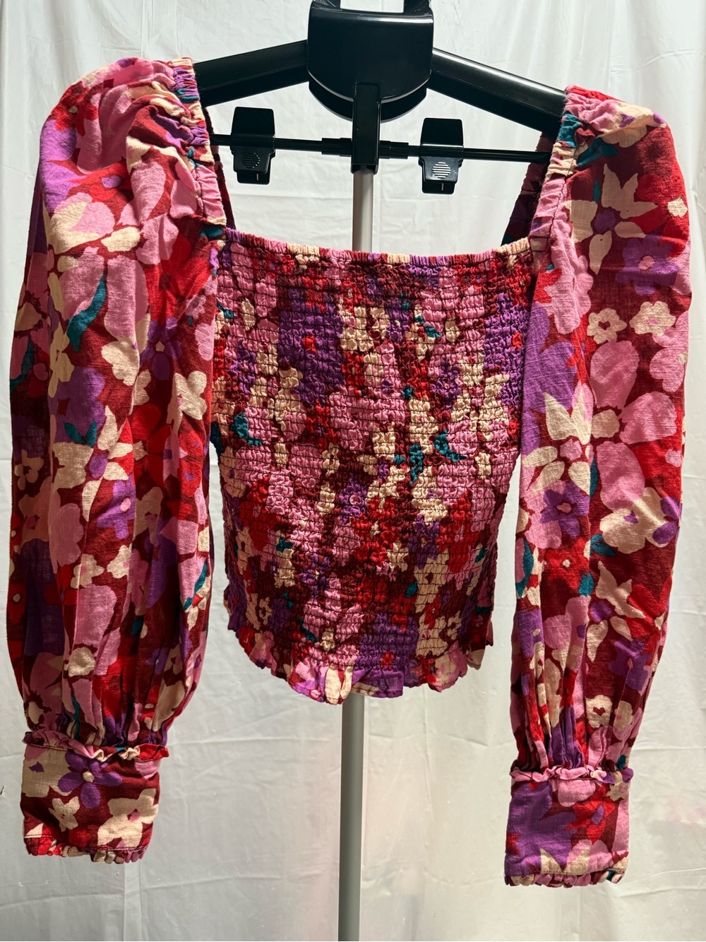 Free People Floral Festival Smocked Crop Top Pink Purple XS